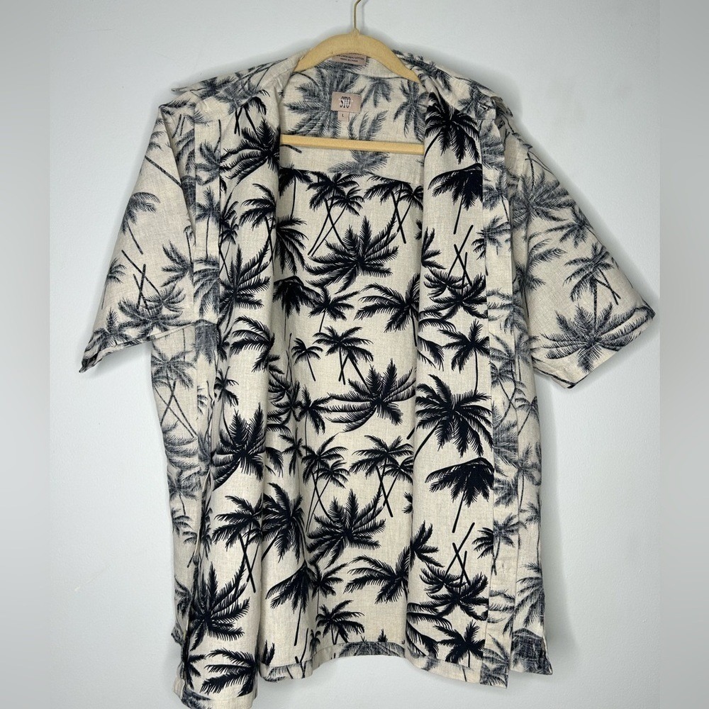STO Men's Linen Cotton Hawaiian Shirt Palm‎ Tree Print Beige Black Size L